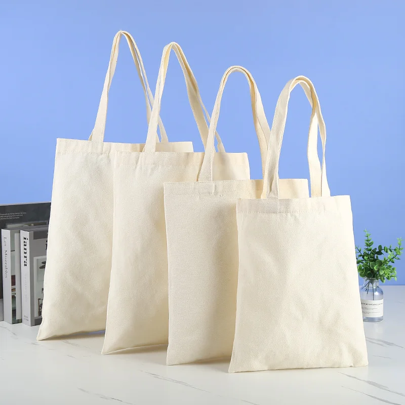 Large Capacity Canvas Shopping Bags Folding Eco-Friendly Cotton Tote Bags Reusable DIY Shoulder Bag Grocery Handbag Beige White - Image 3