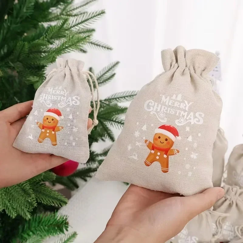 30/1Pcs Christmas Drawstring Bag Santa Claus Snowman Linen Candy Gift Packaging Bags Xmas Favor Bracelet Jewelry Storage Pouch - Image 3