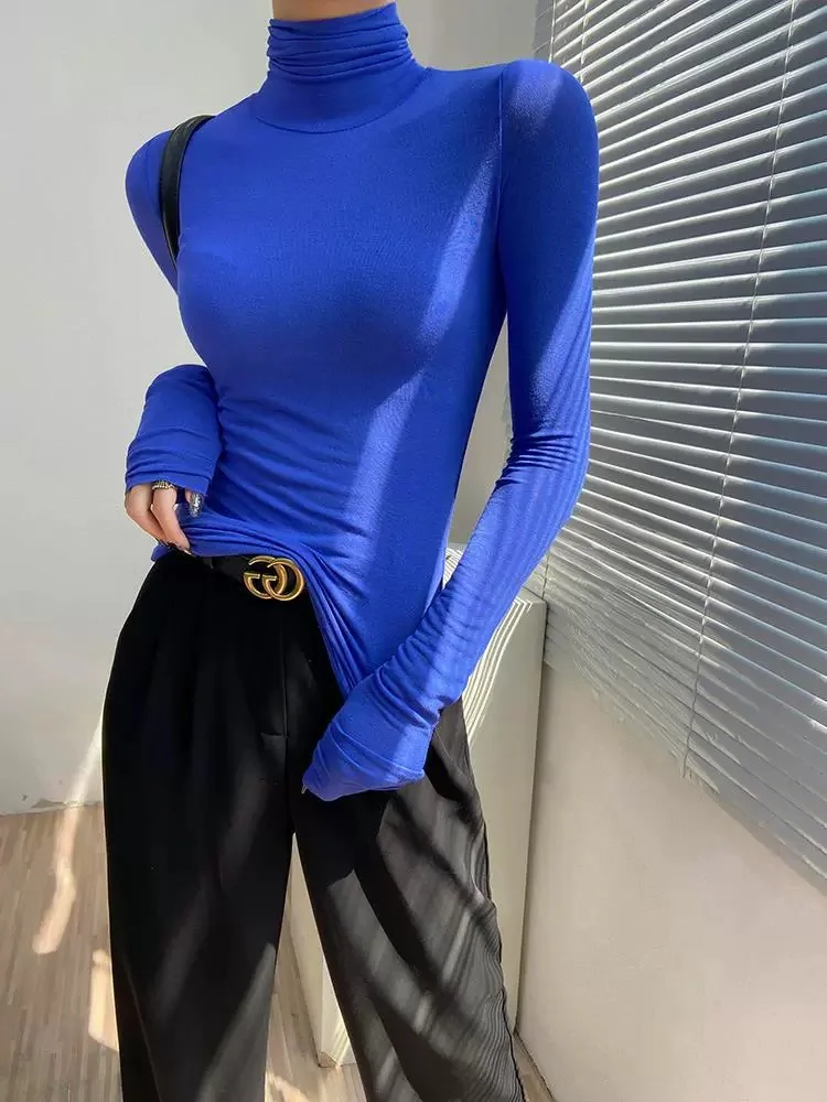 Korean style standing collar long sleeved T-shirt, high collar bottom shirt, women's slim fit slightly transparent top - Image 2