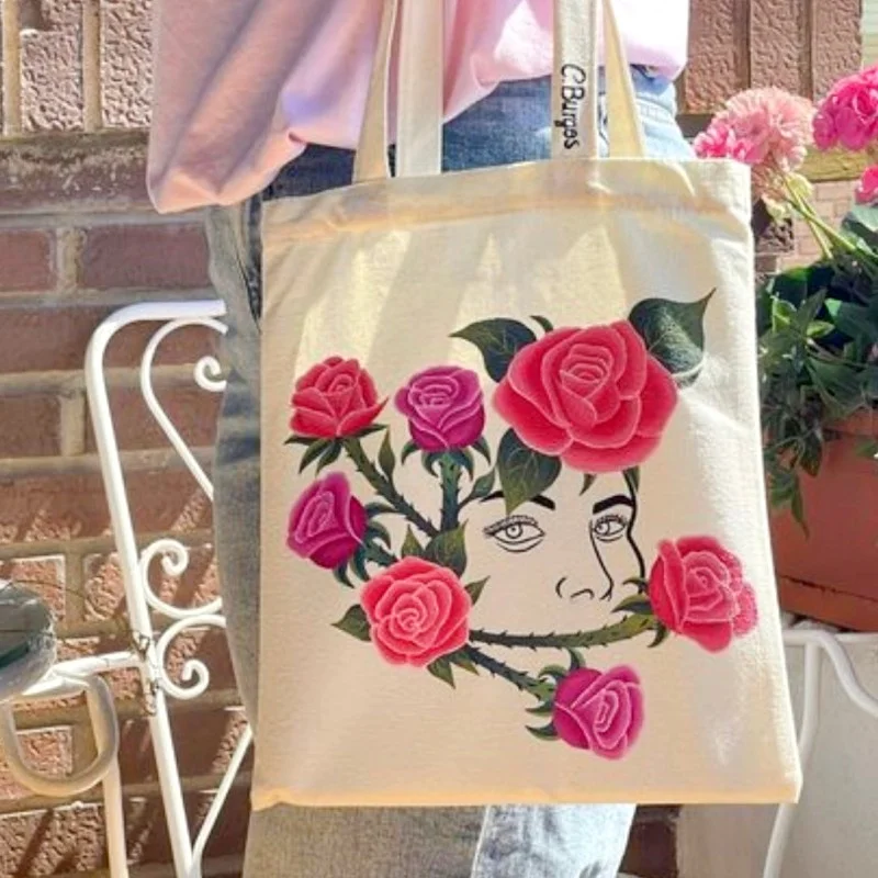 Large Capacity Canvas Shopping Bags Folding Eco-Friendly Cotton Tote Bags Reusable DIY Shoulder Bag Grocery Handbag Beige White - Image 2