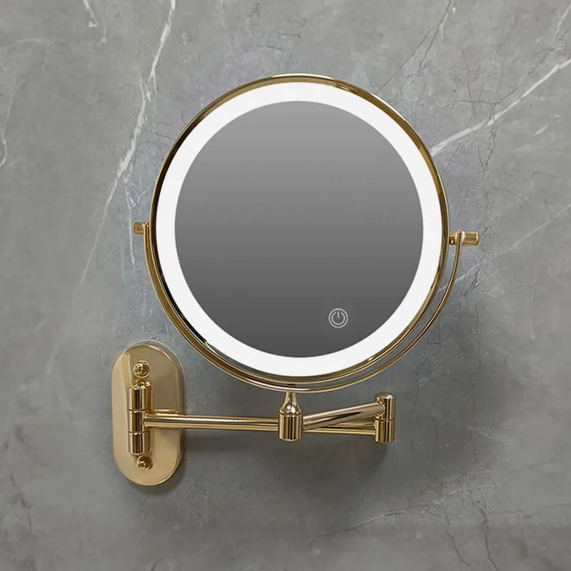 Golden Wall Folding Makeup Mirror Double Side Fill Light Magnifying USB Charging Led Tricolor Dimming Bathroom Cosmetic Mirrors