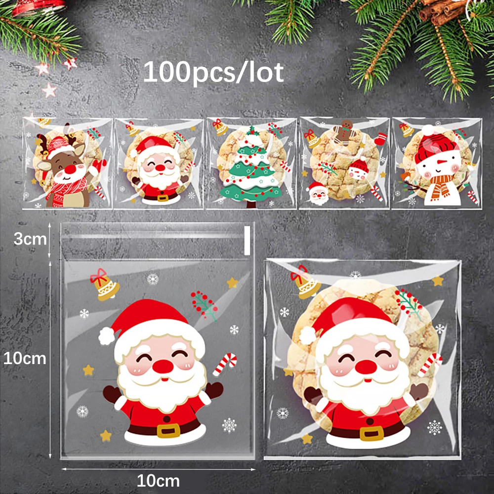 100Pcs Christmas Gift Bags Self-Sealing Disposable Opp Candy Cookie Bags Christmas Decoration 2024 Cartoon Designs for Xmax Gift - Image 2