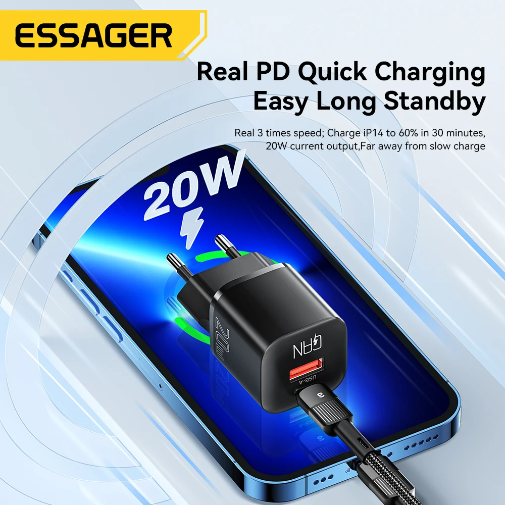 Essager 20W GaN USB Type C Charger PD Fast Charge Phone QC 3.0 Quick Chargers For iPhone 14 13 12 11 Pro Max Mini iPad Charging - Image 4