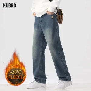 Trendy and Powerful Men's Autumn and Winter Fleece Straight-leg American Fashion Jeans for Teenagers Versatile and Fashionable