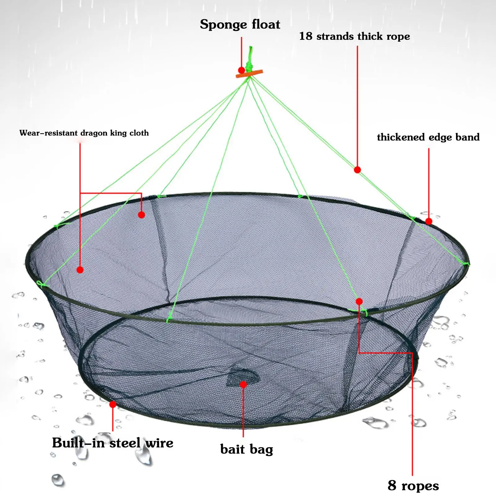 80/100cm Loose Mouth Folding Drop Fishing Net Shrimp Catcher Tank Casting Network Fish Eels Trap Cage Prawn Bait Crab Netting - Image 3