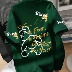 Summer men's round neck breathable T-shirt with cartoon bear print pattern suitable for daily and weekend gifting to friends