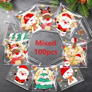 100Pcs Christmas Gift Bags Self-Sealing Disposable Opp Candy Cookie Bags Christmas Decoration 2024 Cartoon Designs for Xmax Gift