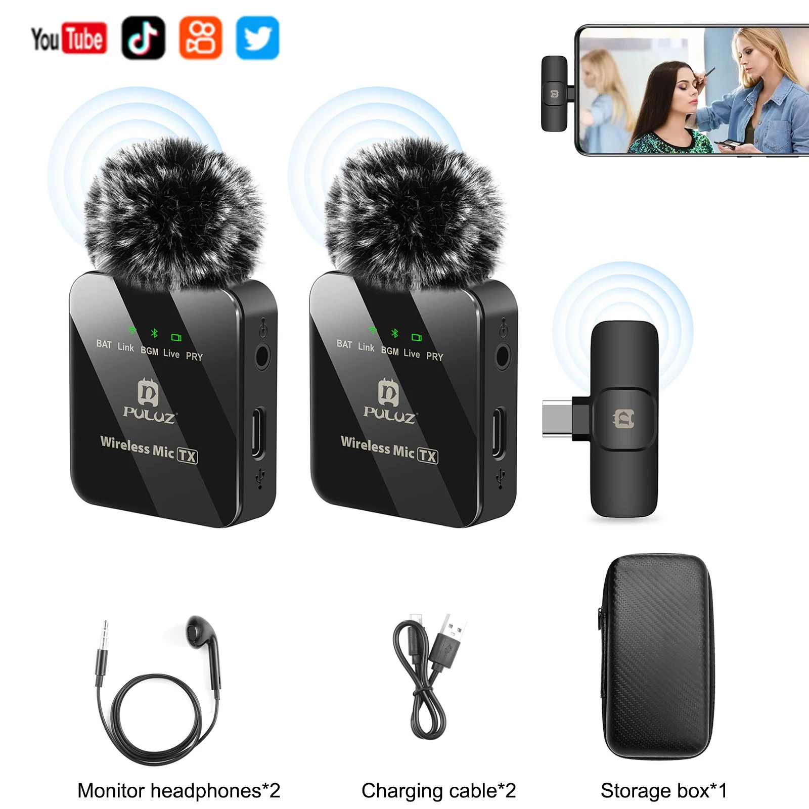 PULUZ 2.4G Wireless Lavalier Microphone Live Broadcast Gaming Microphone For iPhone Type-C Android Camera Audio Video ForYouTube
