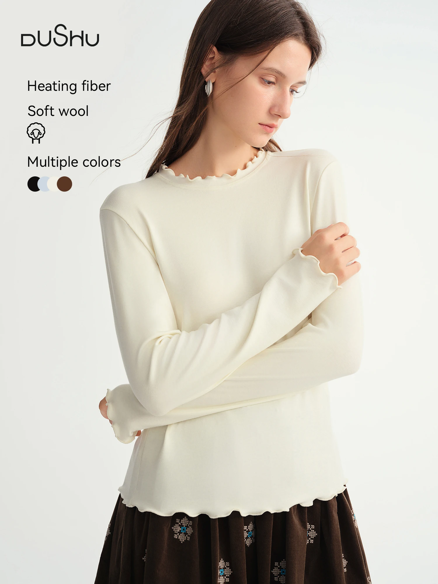 DUSHU Self-Heating Wool T-shirts Half-High Collar Soft Knit Women's Longline Bralette Fall Winter Curvy Solid Color Pullovers