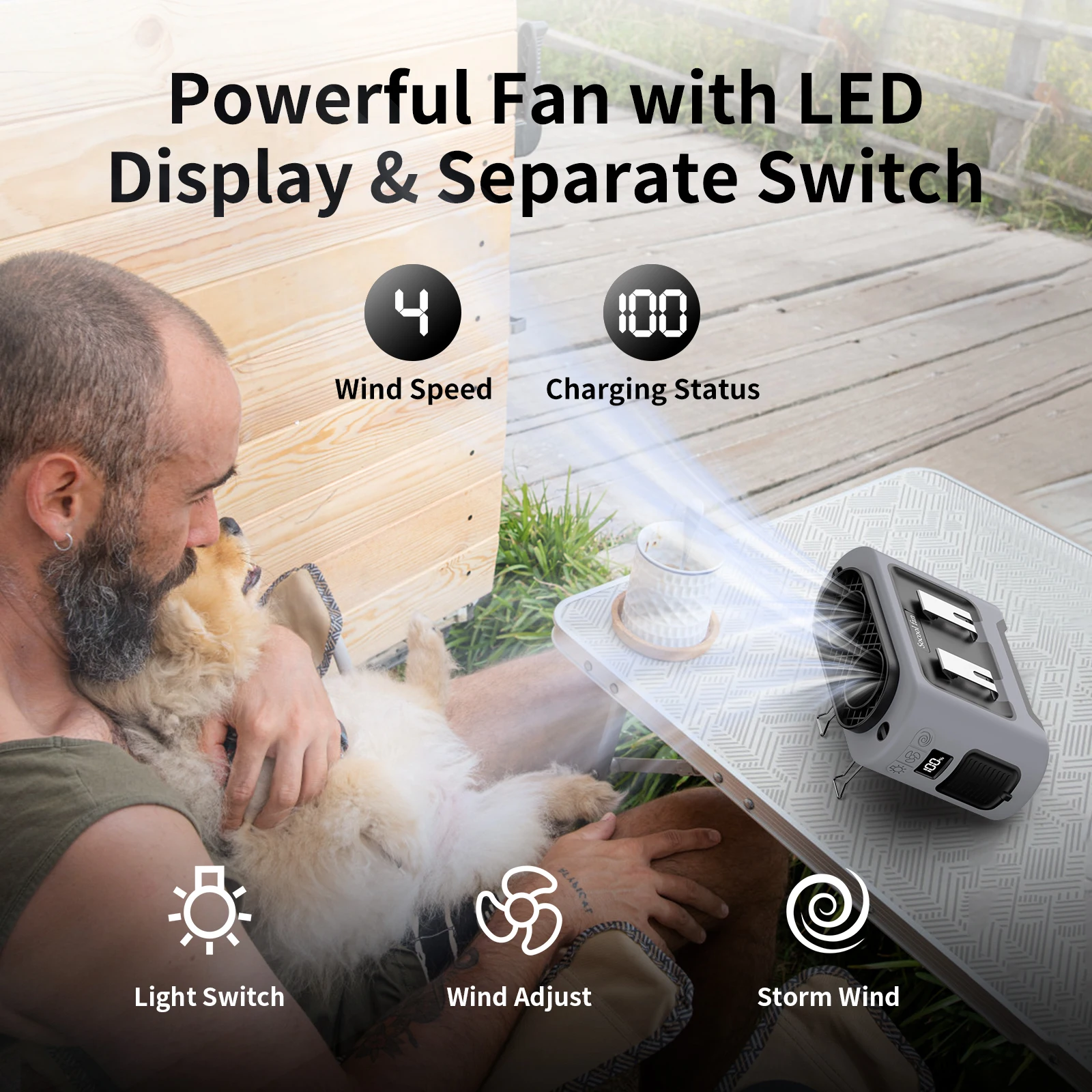 Socool 14500mAh Portable Waist Fan Dual Airflow Outlet Turbo Motors with Four Clips Emergency Flashlight Power Bank for Outdoor - Image 5