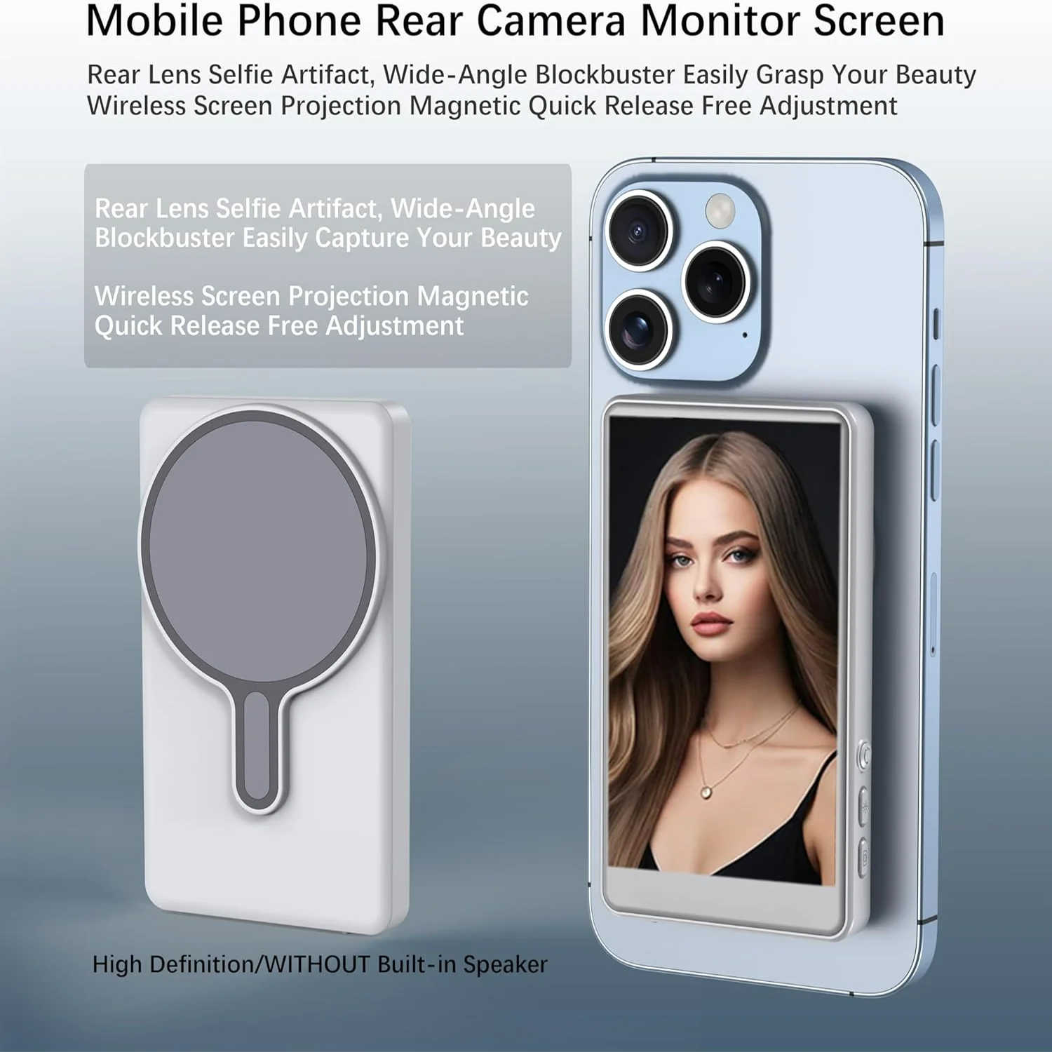 Wireless Selfie Screen Rear Back Camera Monitor for Selfie Vlog Live Stream Magnetic Mount with Remote Control for iPhone etc.