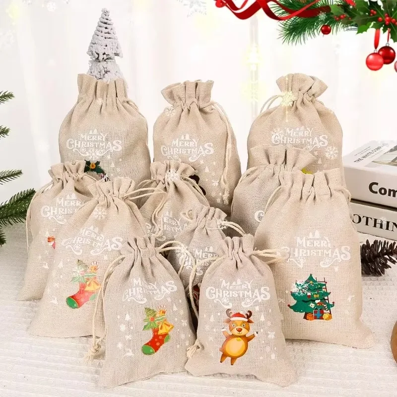 30/1Pcs Christmas Drawstring Bag Santa Claus Snowman Linen Candy Gift Packaging Bags Xmas Favor Bracelet Jewelry Storage Pouch - Image 2