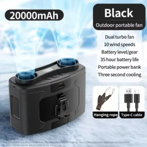 Socoolfan 20000mAh Outdoor Portable Waist Fan Hanging Neck Fan Strong Wind with Power Bank for Sports Courier Outdoor Working