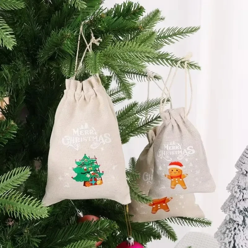 30/1Pcs Christmas Drawstring Bag Santa Claus Snowman Linen Candy Gift Packaging Bags Xmas Favor Bracelet Jewelry Storage Pouch - Image 4