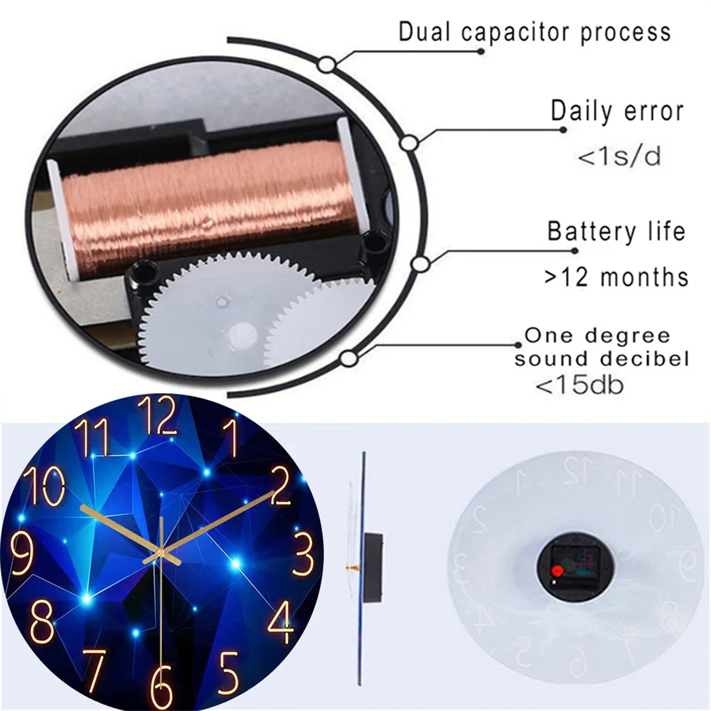 1pc 12inch Wall Clock Geometric Elements Dark Blue Thickened Tempered Glass Silent Movement Quartz Living Room Home Decor Gift - Image 6