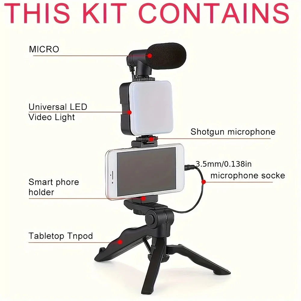 STTKGZD Smartphone Vlogging Kit With Tripod Phone Holder Mini Microphone Fill Light Starter Handle Portable Stabilizer Bracket - Image 5