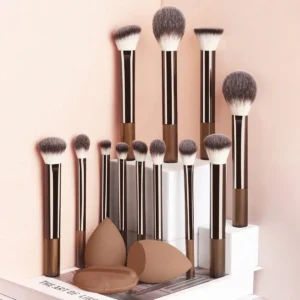 12pcs Professional Makeup Brush Set Incl. Eyeshadow, Powder, Blush Brushes, 2pcs Makeup Sponges, 1pc Powder Puff, Complete Trave