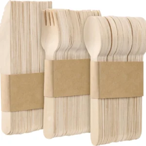 Disposable Wooden Cutlery Biodegrable Eco-friendly Dinner Utensils (50xForks ,50x Knives ,50x Spoons) for Party Picnic BBQ
