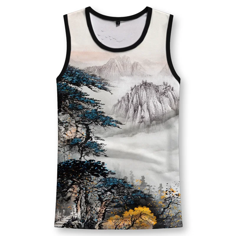 Cloudy Mountain Pattern Tank Tops For Men Cartoon Animal 3D Printed Vest Summer Casual Loose Tops Street Sports Round Neck Tees - Image 4