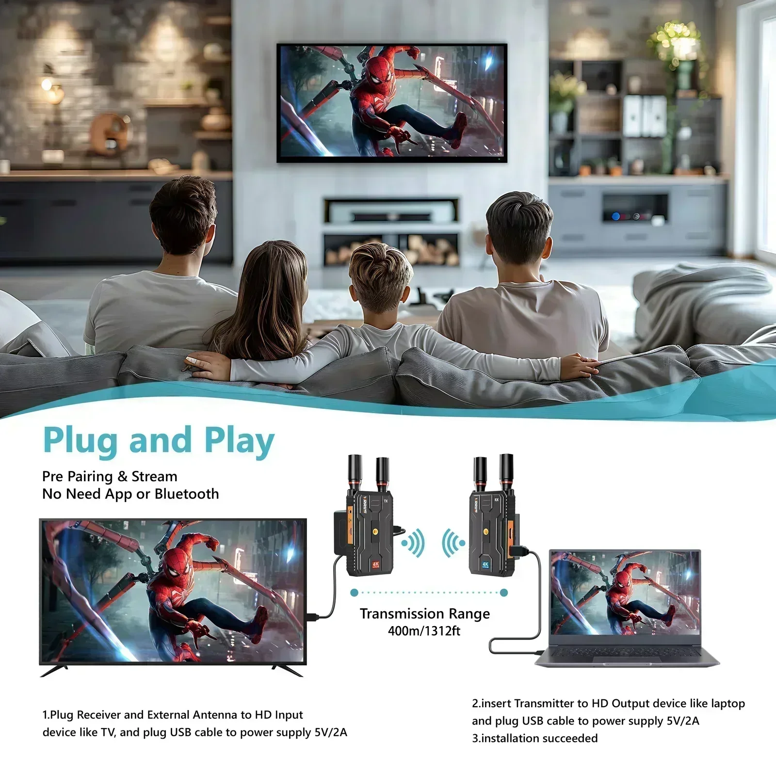 400M 5G 4K Pro Wireless HDMI Extender Dual HDMI Video Transmitter Receiver Support Battery Audio Camera Laptop PC To TV Monitor - Image 4