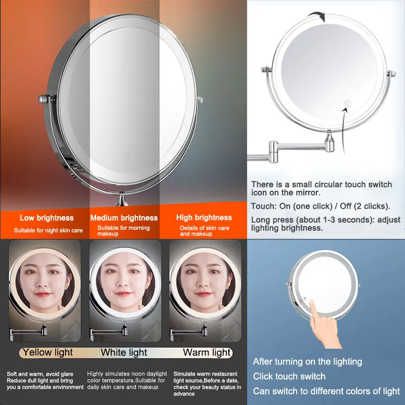 Golden Wall Folding Makeup Mirror Double Side Fill Light Magnifying USB Charging Led Tricolor Dimming Bathroom Cosmetic Mirrors - Image 6