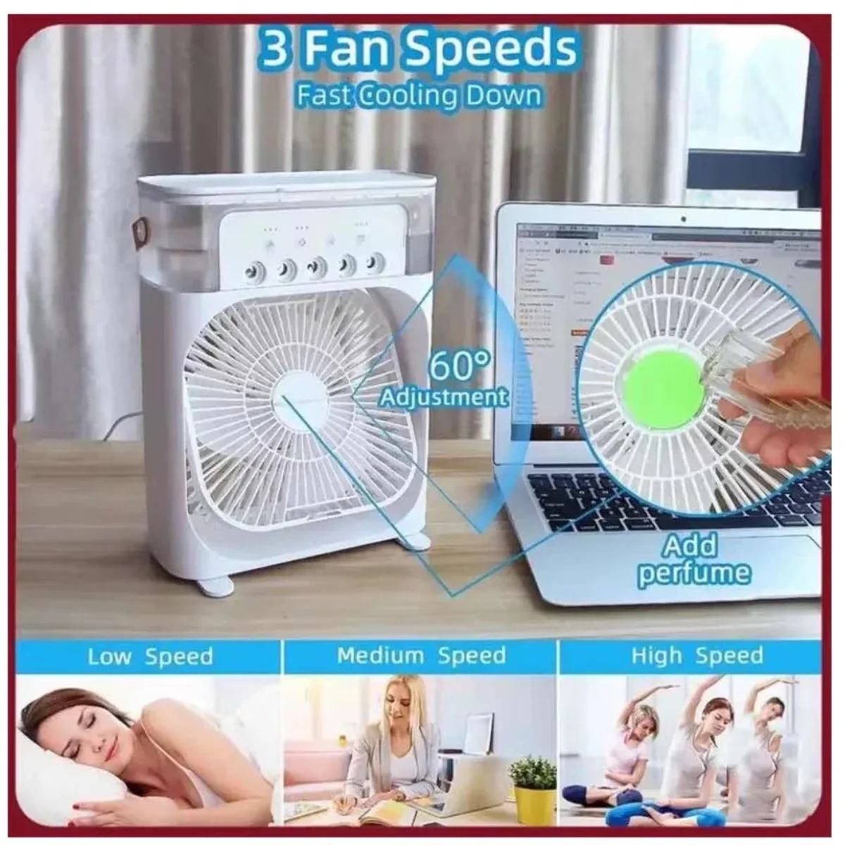 3 In 1 Fan AIr Conditioner Household Water Mist USB Fan Small Air Cooler LED Night Light Portable Humidifier Air Adjustment Fan - Image 3