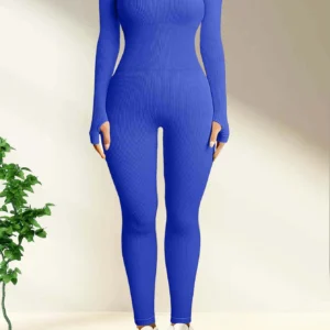 Solid Color Ribbed Yoga Jumpsuit, Seamless Slim Fit Long Sleeve Sports Bodysuit, Women's Activewear