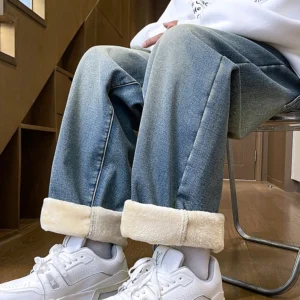 Men's Winter Jeans Fleece-lined Thick Warm Denim Pants Korean Unisex Style Straight Fit Insulated Jeans Asian Size M-3XL