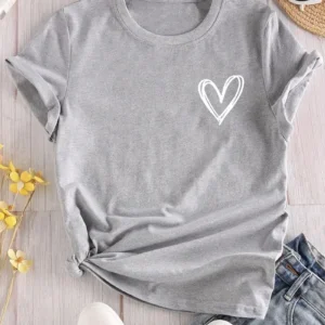 Heart Print T-Shirt Crew Neck Short Sleeve T-Shirt Casual Every Day Tops, Women's Clothing Neck Fashion Casual Sport Clothes