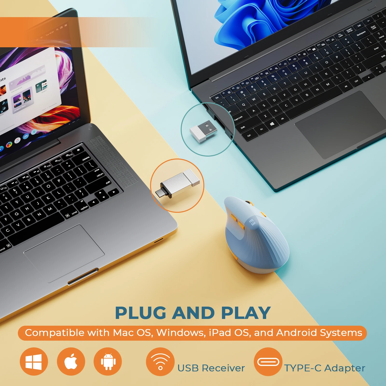 Seenda Vertical Wireless Mouse Type C Rechargeable Ergonomic USB & Type C Mice for Laptop Laptop PC MacBook Windows Android - Image 5