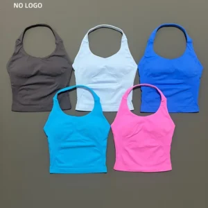 HISTELLO Impact Halter Top Seamless Longline Strappy Gym Top Women Built-in Bra Removable Cups Activewear Yoga Tank Tops
