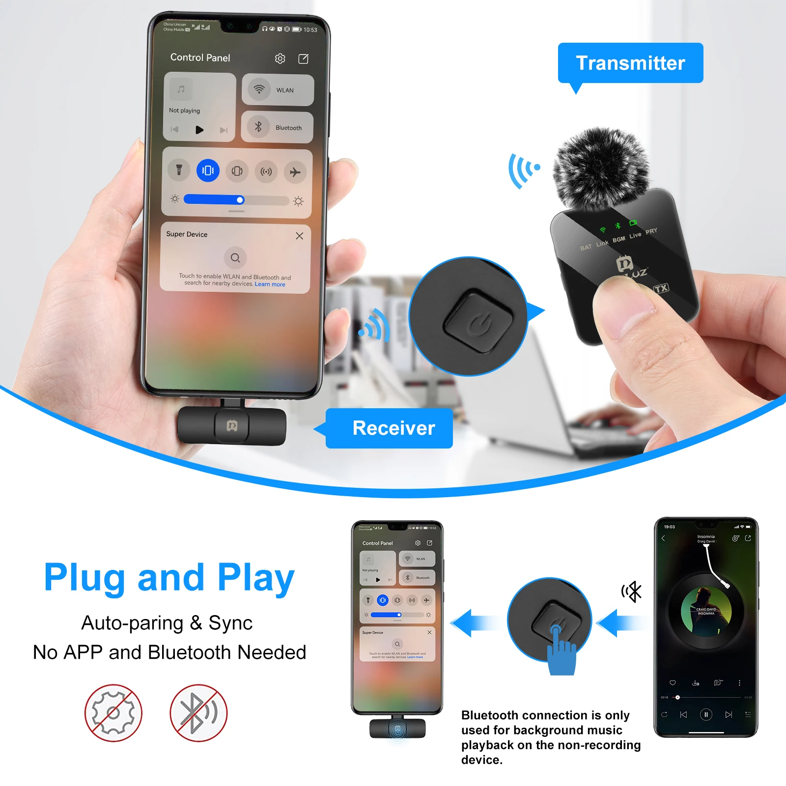 PULUZ Wireless Lavalier Microphone Portable Audio Video Recording Mini Mic for iPhone Android Outdoor Live Broadcast Phone Mic - Image 5