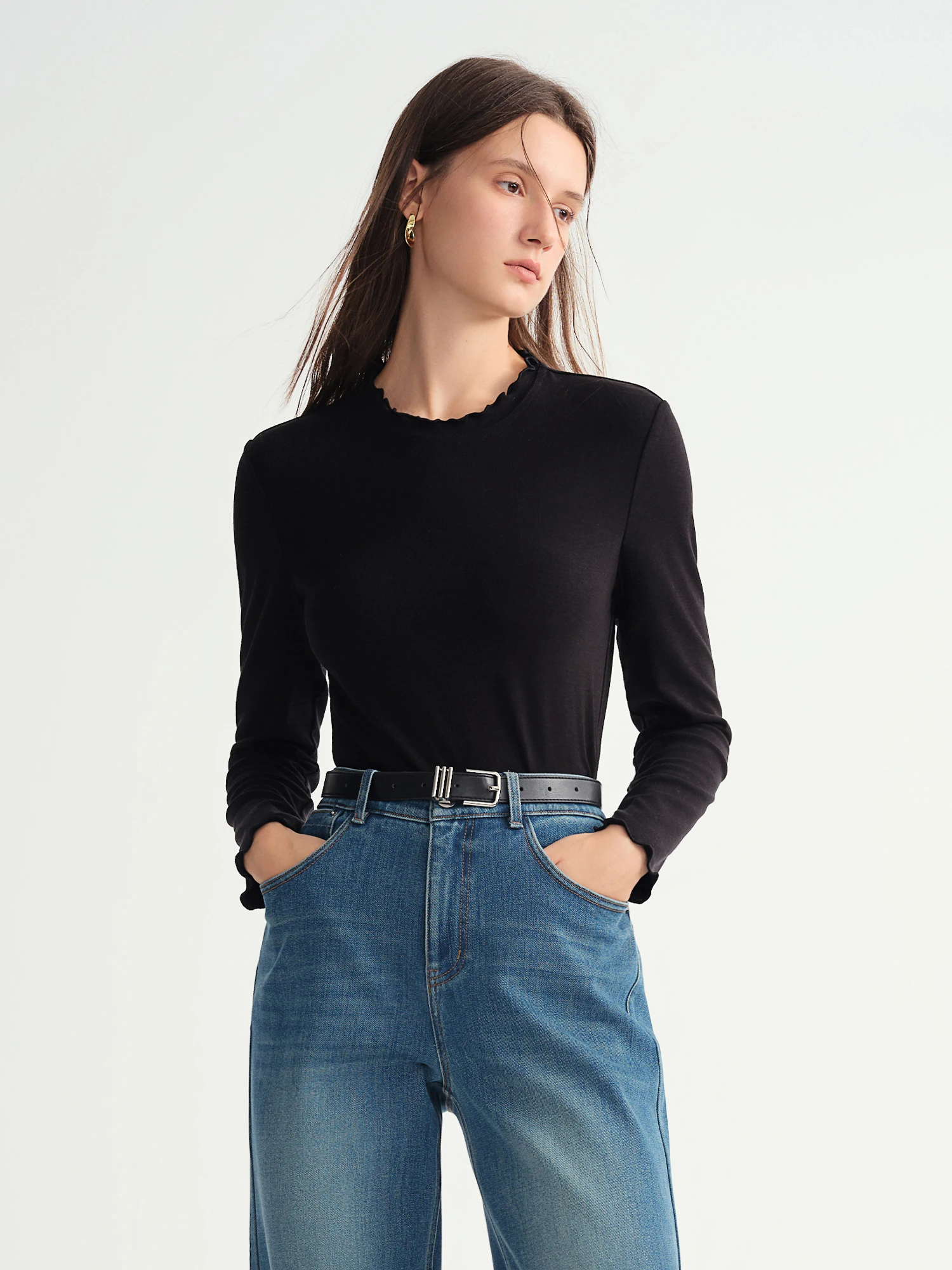 DUSHU Self-Heating Wool T-shirts Half-High Collar Soft Knit Women's Longline Bralette Fall Winter Curvy Solid Color Pullovers - Image 3