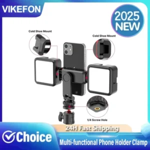 VIKEFON Multi-functional Phone Holder Clamp Phone Tripod Mount Rotatable with Dual Cold Shoe Mounts for Smartphone Vlog