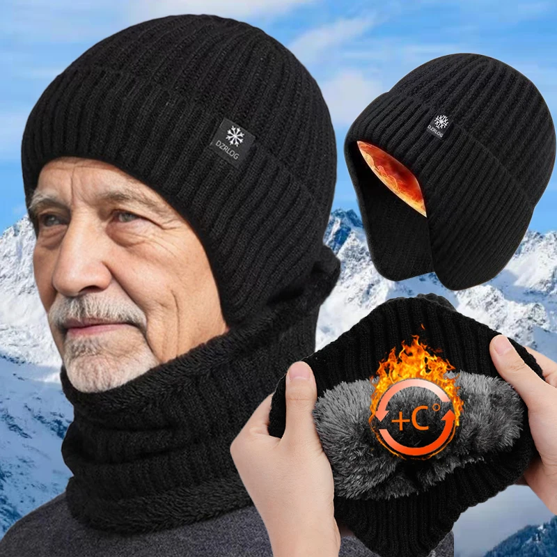 Winter Men thicker Beanie Hat Ear Protection Knitted Caps Wool Neck Scarf Cap Set Outdoor Windproof Plush Warm Skullies Beanies
