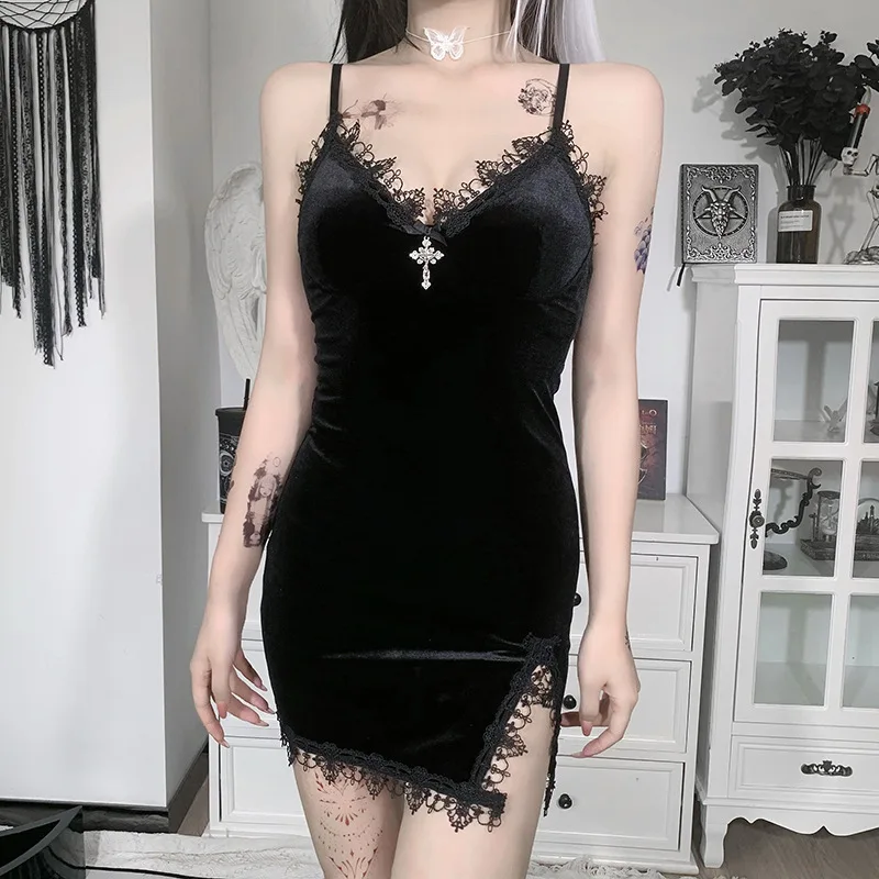 Dark Cross Black Mini Dress Vintage Sexy Spaghetti Strap High Waist Slit Dresses Goth Party Club Women Dress - Image 4