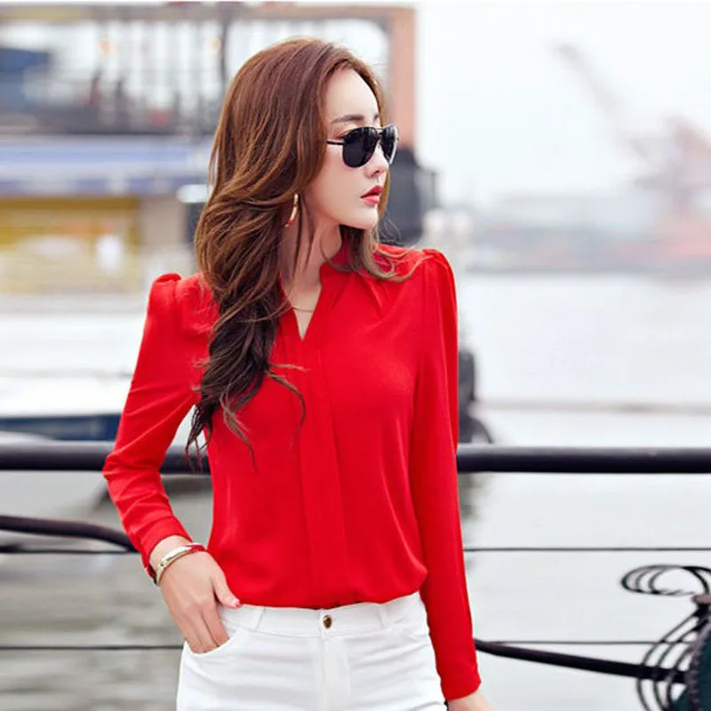Long Sleeve Shirt Women Autumn Clothing Fashion Slim Chiffon Blouse V Neck Korean Elegant Ladies Office Shirts White Red DF2324 - Image 4