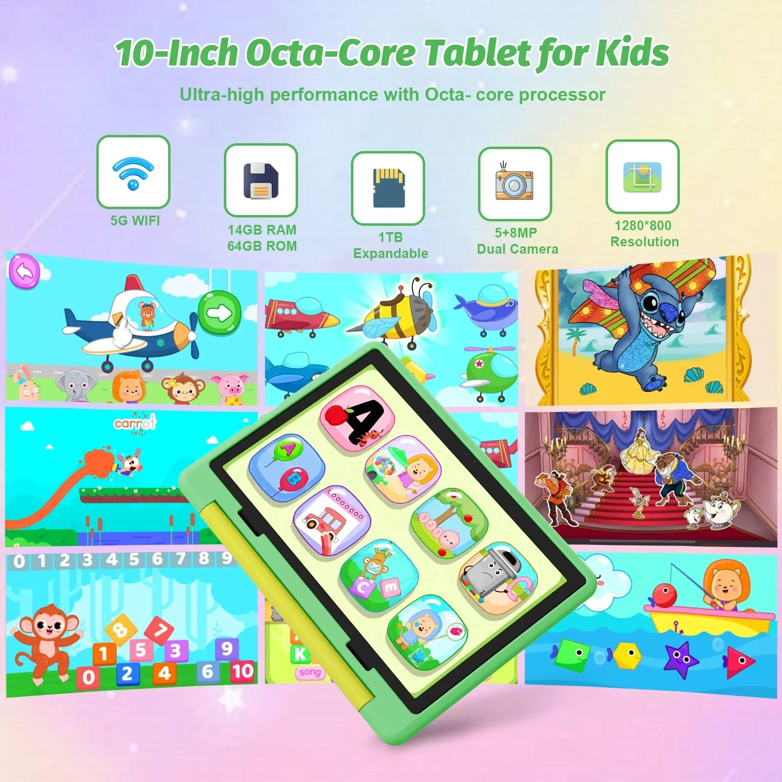 Kid Tablet 10 Inch Android 15 Octa Core 14GB RAM 64GB ROM 128GB Expandable 5000mAh WiFi Bluetooth Children's Gift Kids Software - Image 2