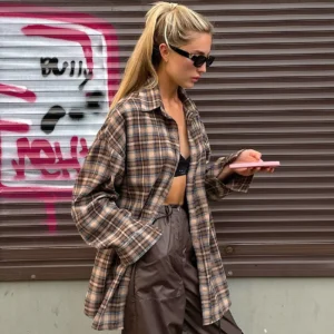 Spring Autumn Vintage Plaid Checkered Shirt Women's Long Sleeve Blouse Loose Single Breasted Casual Shirt