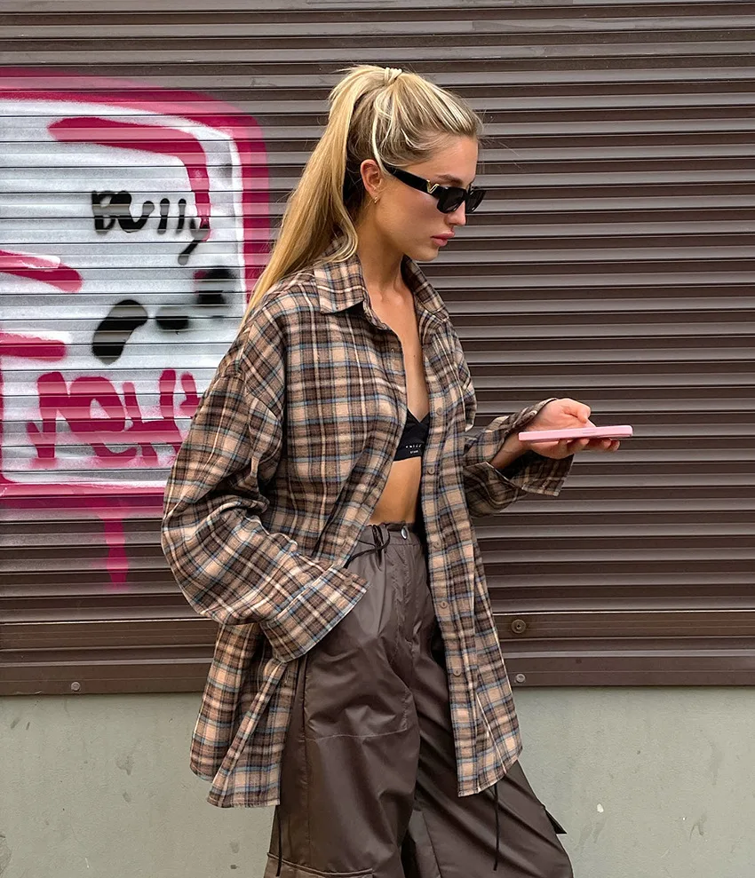 Spring Autumn Vintage Plaid Checkered Shirt Women's Long Sleeve Blouse Loose Single Breasted Casual Shirt