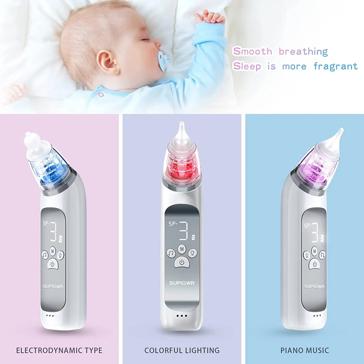Baby Electric Nasal Aspirator Nose Suction Device with Food Grade Silicone Mouthpiece 3 Suction Modes and Soothing Music - Image 2