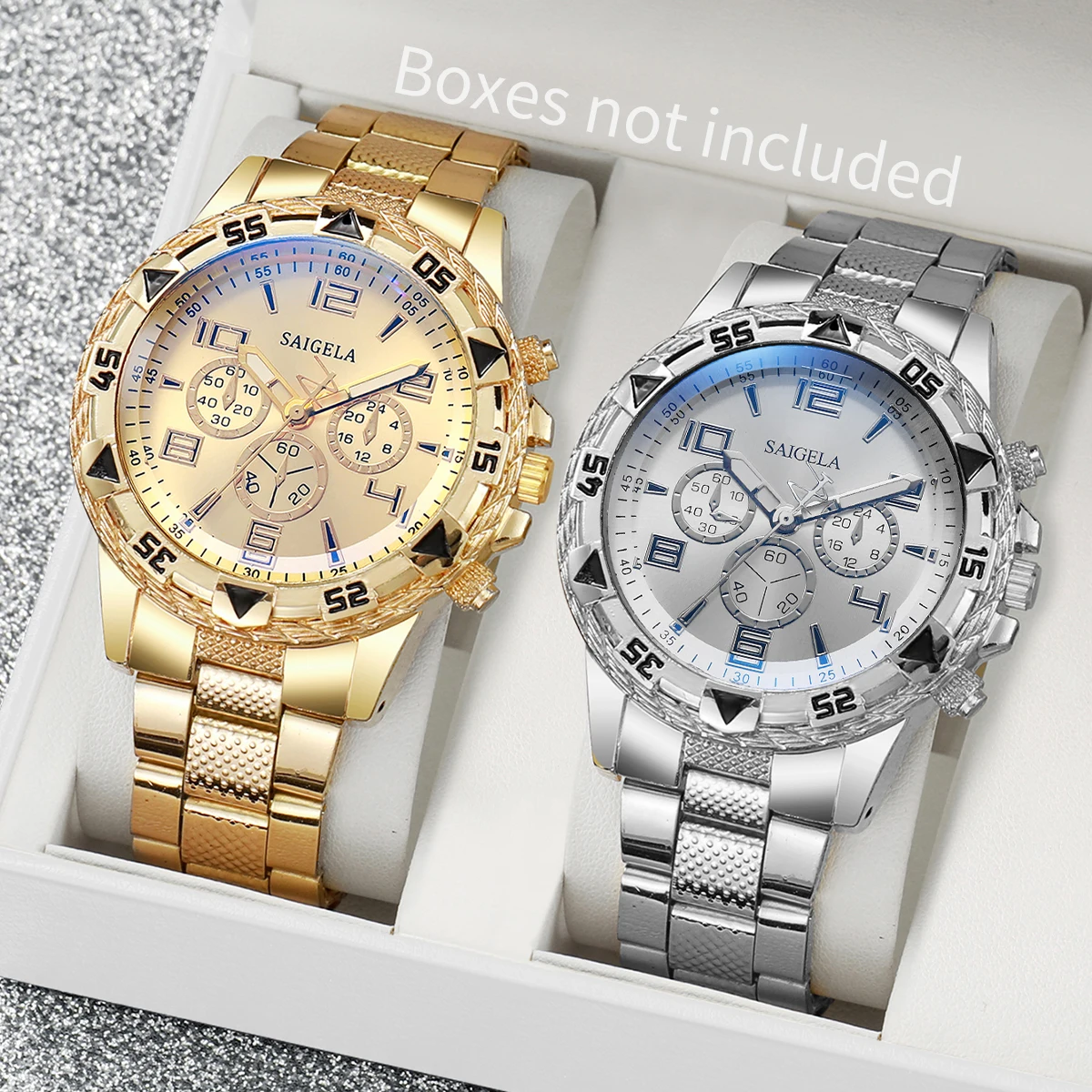 2pcs/set Men Business Watches Fashion Arabic Dial Steel Band Male's Quartz Watch Set (Without Box) - Image 4