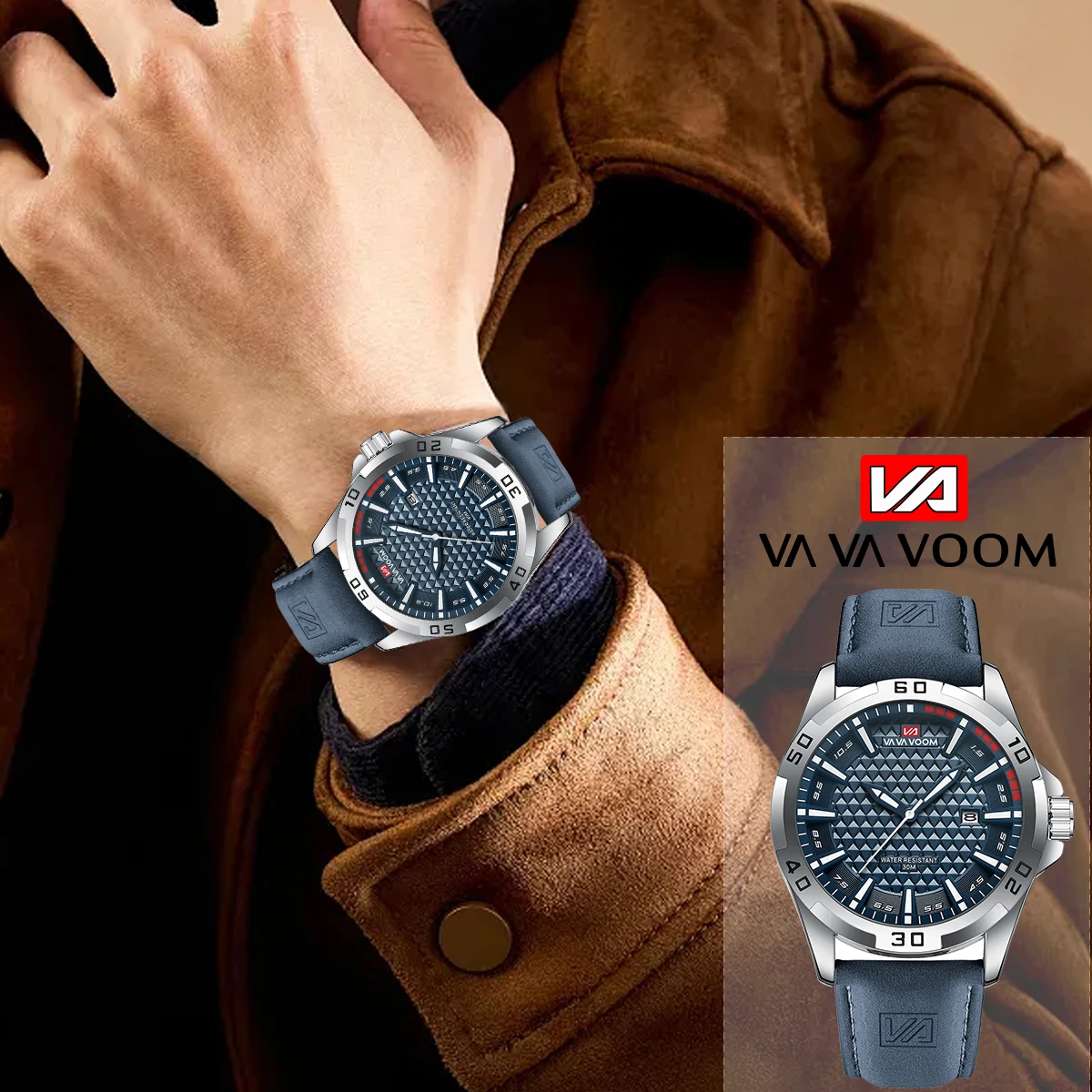 VA VA VOOM Men Casual Sport Military Quartz Calendar Wrist Watch for Man Business Leather Waterproof Male Clock Relogio Masculin - Image 5