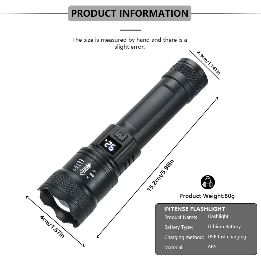 High Strong Power Led Flashlights 2000LM Tactical Torch with Display Light USB Charging Camping Fishing Emergency Zoom Lantern - Image 2