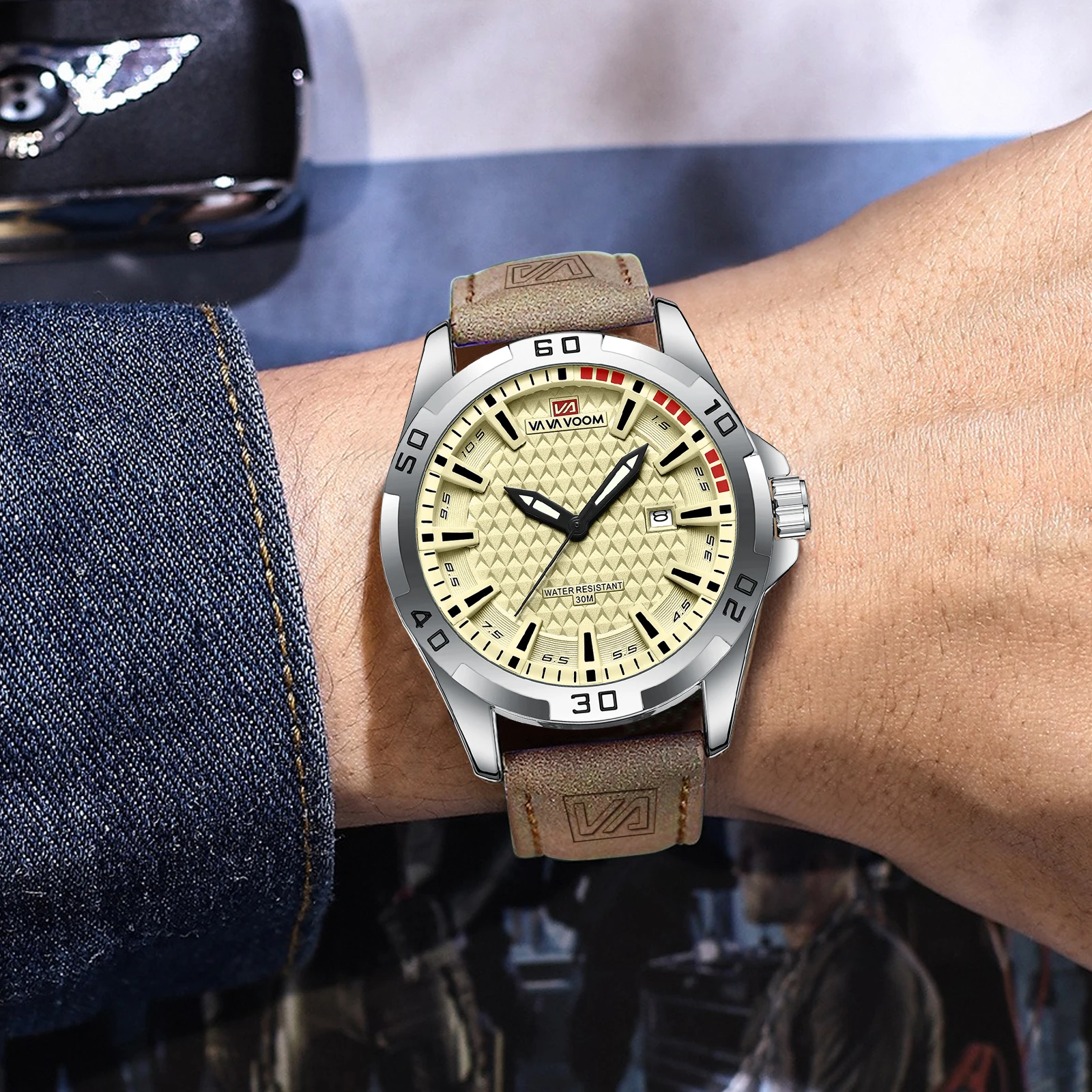 VA VA VOOM Men Casual Sport Military Quartz Calendar Wrist Watch for Man Business Leather Waterproof Male Clock Relogio Masculin - Image 3