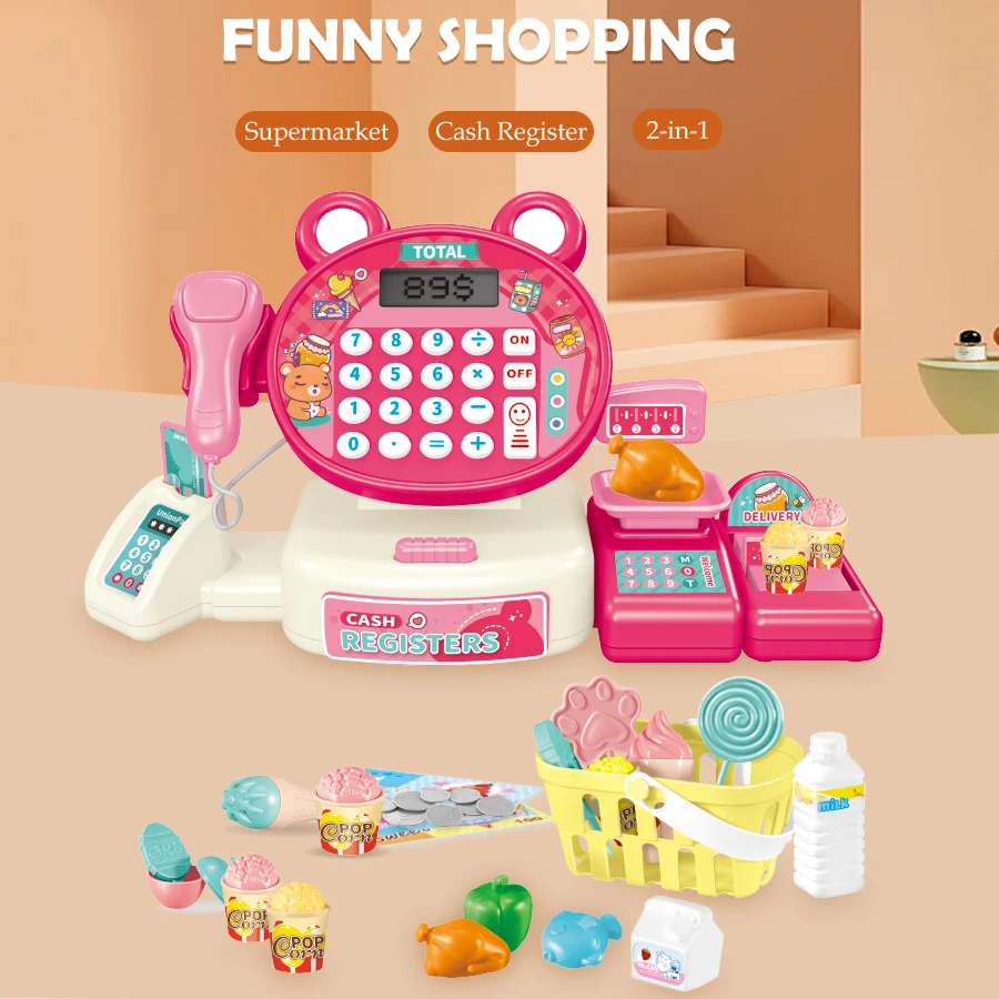 Children play at home toy electric simulation supermarket cash register cartoon frog animal shopping cart computer baby gift - Image 2
