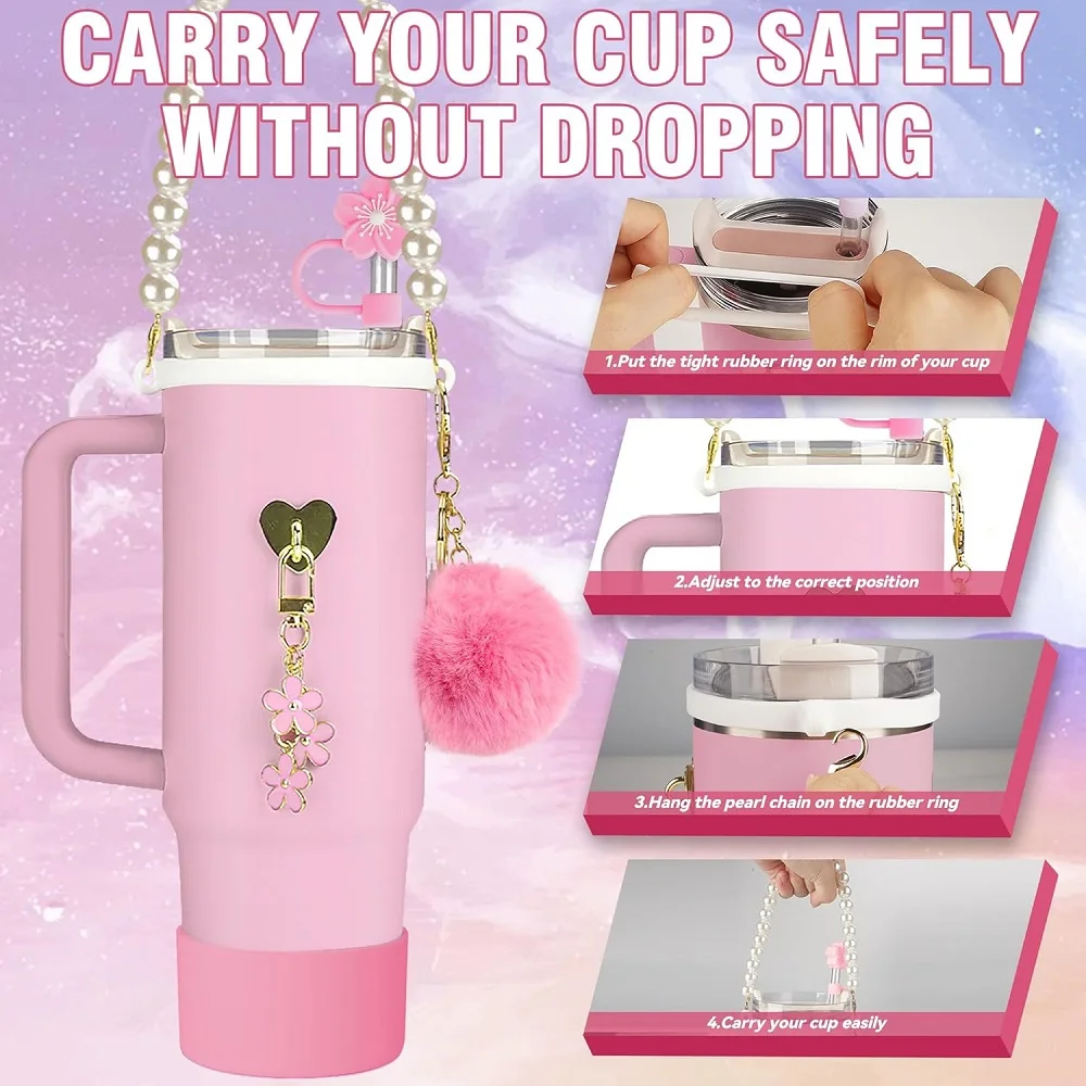 7Pcs Cup Accessories Set for 40oz Stanley - Water Bottle Handle Strap,Silicone Flower Straw Topper Cover Cap, Silicone Boot - Image 3