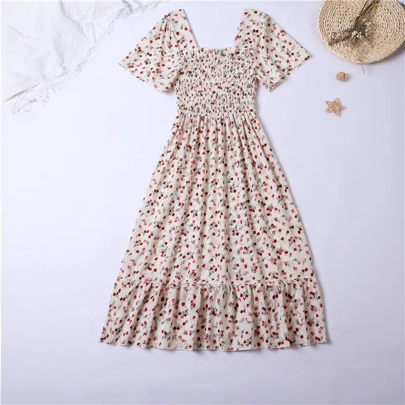 Spring Summer Chiffon Dress Women Midi DressesFemale Short Sleeve Elastic Waist Printed Floral Pleated Backless Casual Dress - Image 5