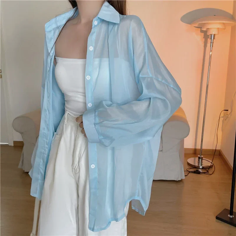 Xpqbb Women's White Chiffon Shirt Sheer Thin Long Sleeve Sun Protection Blouse Woman Casual Loose Simple Single-breasted Shirts - Image 3