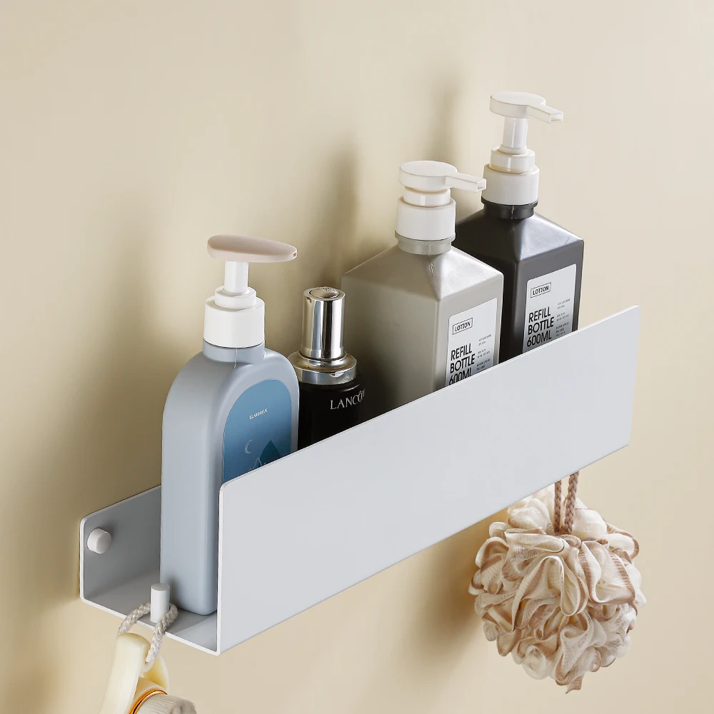White Shower Shelf With Hook Aluminium Bathroom Items Toilet Wc Corner Bath Caddy Shampoo Storage Rack Kitchen Wall Organizer - Image 3